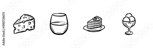 Wine and Gourmet Dessert Food Elements in Hand-Drawn Inky Brushwork Style with Fluid Organic Lines