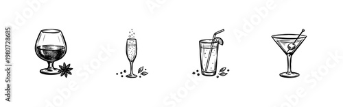 Alcoholic Beverages and Glassware Design Elements with Inky Brush Strokes and Hand-Drawn Painterly Aesthetic