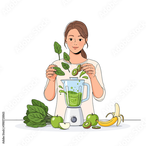 Woman holding spinach leaves for smoothie.