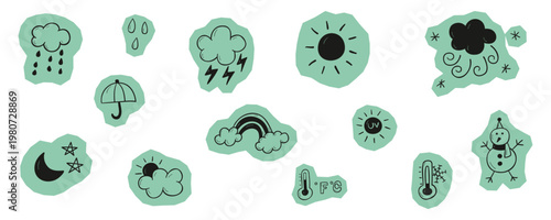 Scrapbook hand drawn weather icons set with sun rain clouds snow and temperature symbols on green shapes for climate forecast and meteorology vector design.
