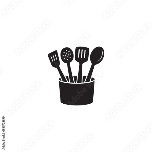 Black silhouette kitchen utensils in holder — spatula, spoon, and turner cooking tools set flat vector illustration for restaurant, culinary, food, and home kitchen design