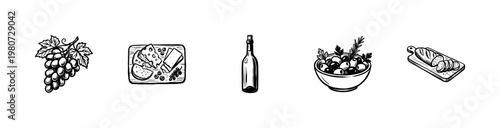 Wine and Gourmet Appetizer Tasting Set with Fluid Ink Brush Strokes and Hand-Drawn Painterly Aesthetic for Culinary Menus and Social Events