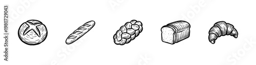 Bakery Products and Artisanal Bread Assortment with Hand-Drawn Inky Brushwork and Textured Freehand Calligraphic Fluidity.