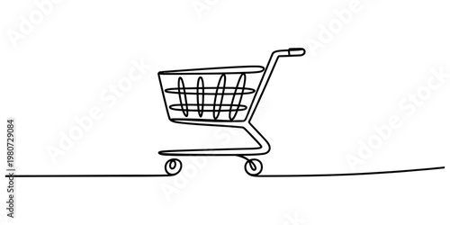 A continuous line drawing of a shopping cart representing retail commerce and consumer lifestyle Vector, illustration