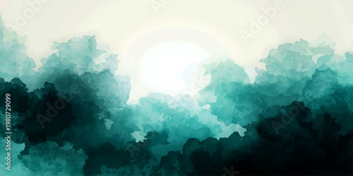 Watercolor Sunset: An abstract watercolor painting captures a serene sunset. Deep shades of blue-green merge, evoking a sense of tranquility. The sun, a radiant source of light, illuminates the scene.