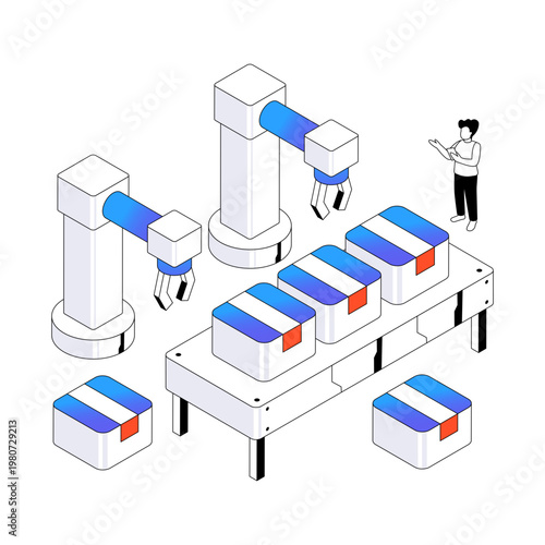 Conveyor belt illustration, robot packaging editable vector