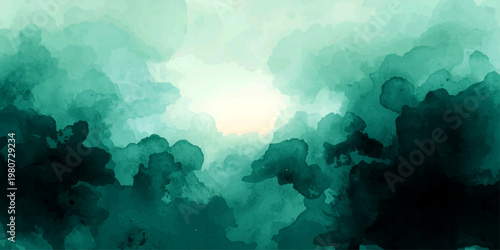 Watercolor clouds scenery: A dreamy artistic depiction of fluffy, watercolor clouds painted in shades of turquoise, emerald, and hints of light with a focus on capturing the soft, fluid movement. 