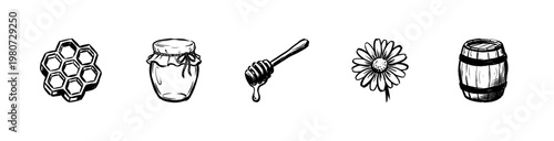 Honey Production and Beekeeping Elements with Hand-Drawn Inky Brushwork and Organic Textures