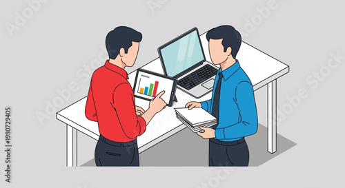 Two businessmen discussing data on laptop and tablet at office desk