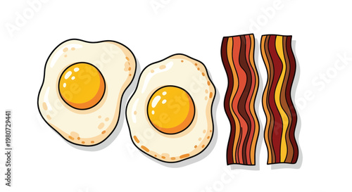Delicious Breakfast: Two Fried Eggs and Crispy Bacon Strips, Top View, Isolated on White