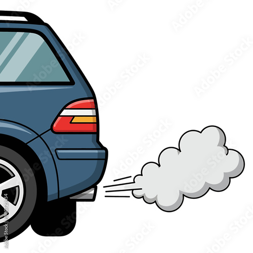 Blue car emitting exhaust fumes rear.