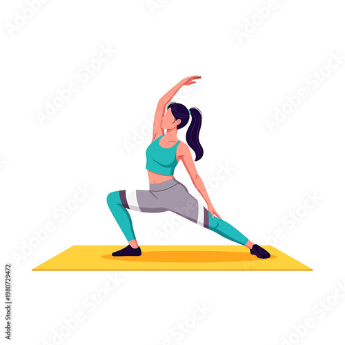 Woman in yoga pose stretching arm.