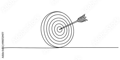 A single continuous line drawing of an arrow hitting the center of a circular target bullseye Vector, illustration
