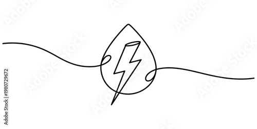 Minimalist one line drawing of a lightning bolt contained inside a simple fluid water drop shape Vector, illustration