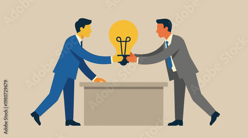 Two businessmen shaking hands over a desk with a lightbulb