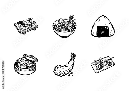 Japanese Cuisine and Sushi Assortment with Hand-Drawn Inky Brushwork and Textured Calligraphic Style