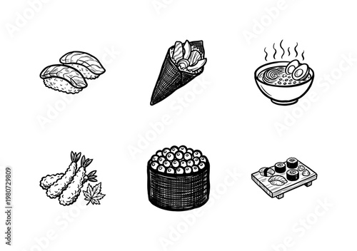 Japanese Cuisine and Sushi Food Elements with Hand-Drawn Inky Brushwork and Fluid Painterly Calligraphic Style