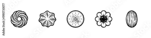 Traditional Bakery Cookies and Sweet Pastry Biscuits with Hand-Drawn Inky Brushwork and Calligraphic Ink Strokes