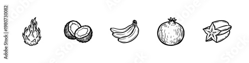 Vegan Food and Tropical Fruit Elements with Fluid Ink Brush Strokes in Hand-Drawn Painterly Style