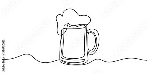 A single continuous line drawing of a beer mug with foam on a simple isolated white background Vector, illustration