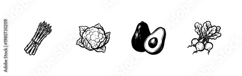 Fresh Garden Vegetables and Healthy Organic Produce with Detailed Hand-Drawn Inky Brushwork and Traditional Calligraphic Ink Textures