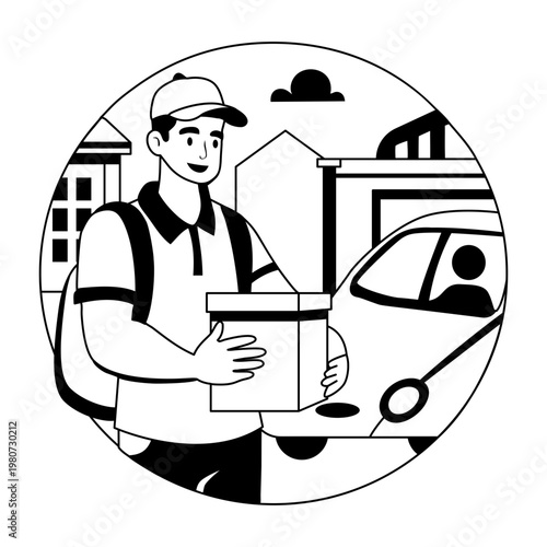 A glyph illustration of a delivery boy holding a parcel 
