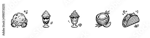 Ice Cream Parlor Elements and Frozen Dessert Toppings with Bold Inky Brush Strokes and Hand-Drawn Painterly Aesthetic