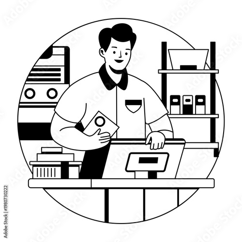 A glyph illustration of a character standing on checkout counter 
