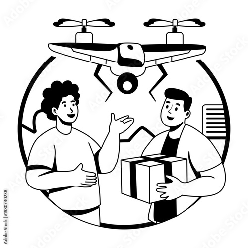 A character based drone delivery illustration in glyph style 
