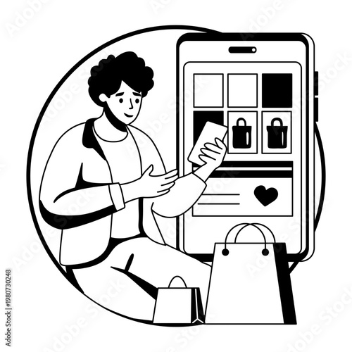 A glyph illustration of a character using shopping app 
