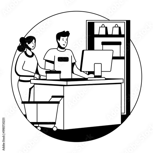 A glyph illustration of customer standing on checkout counter for billing 
