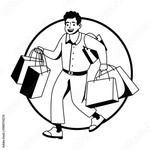 A glyph illustration of a character holding many shopping bags 
