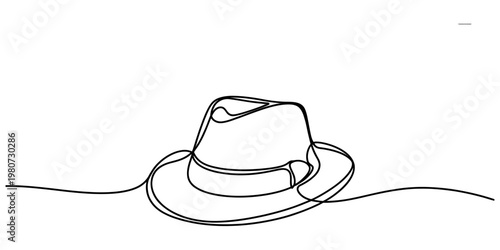 A minimalist single line drawing of a classic fedora hat isolated on a plain white background Vector, illustration