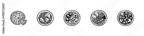 Classic French Cuisine Dishes and Gourmet Meals with Hand-Drawn Ink Brush Strokes and Painterly Textures