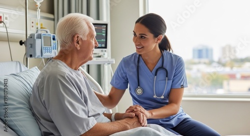 A nurse and elderly patient in a hospital room, with the nurse wearing blue scrubs and the patient in a hospital gown, sitting on a hospital bed with a window in the background.