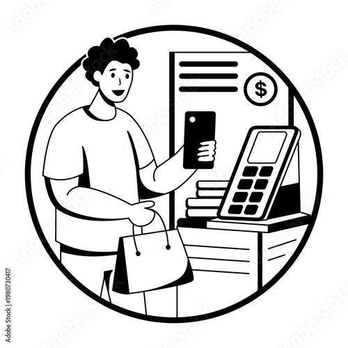 A glyph illustration of a character using mobile payment method 

