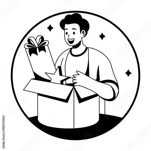 A glyph illustration of happy character get surprise gift 
