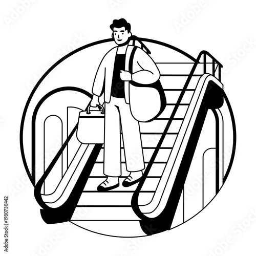 A glyph illustration of a character using electric escalator 

