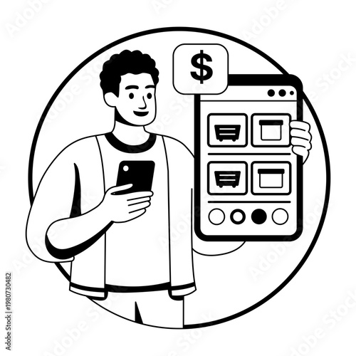 Comparing prices illustration of a character in glyph style 
