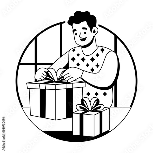 A glyph illustration of a character doing gift wrapping 
