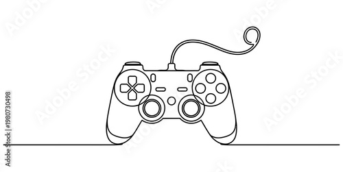 A minimalist single line drawing of a classic video game controller on a clean white background Vector, illustration