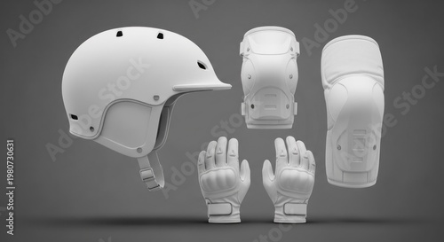 A white helmet, knee pads, and gloves, arranged on a gray background.
