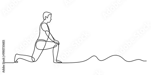 A single continuous line drawing of a person performing a deep lunge exercise for physical health. Vector, illustration