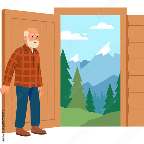 An elderly man opens a door to reveal a scenic mountain landscape with trees.