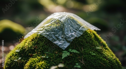 A plastic bag containing a green mushroom, placed on a mossy rock in a forest setting.