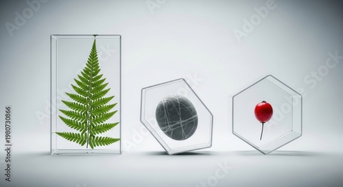 Three transparent glass objects, one with a fern, one with a black sphere, and one with a red berry, arranged in a triangular formation on a white background.
