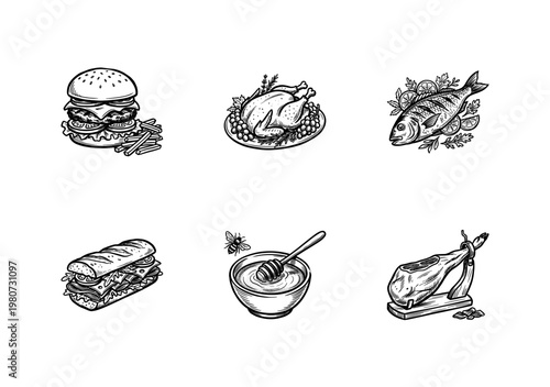 Assorted Gourmet Food and Deli Meats with Textured Ink Brush Strokes and Hand-Drawn Painterly Aesthetic