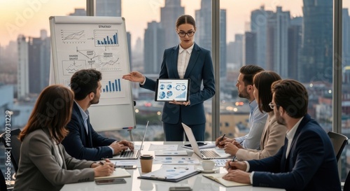 A businesswoman in a suit presenting a flip chart with graphs and charts to a group of businesspeople in a modern office with a city skyline in the background.