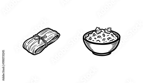 Traditional Mexican Cuisine and Popular Food Dishes with Hand-Drawn Ink Brush Strokes and Detailed Textures