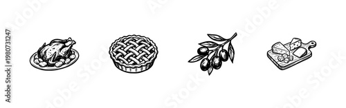 Thanksgiving Dinner Harvest and Autumn Food Elements with Hand-Drawn Ink Brush Strokes and Painterly Detail